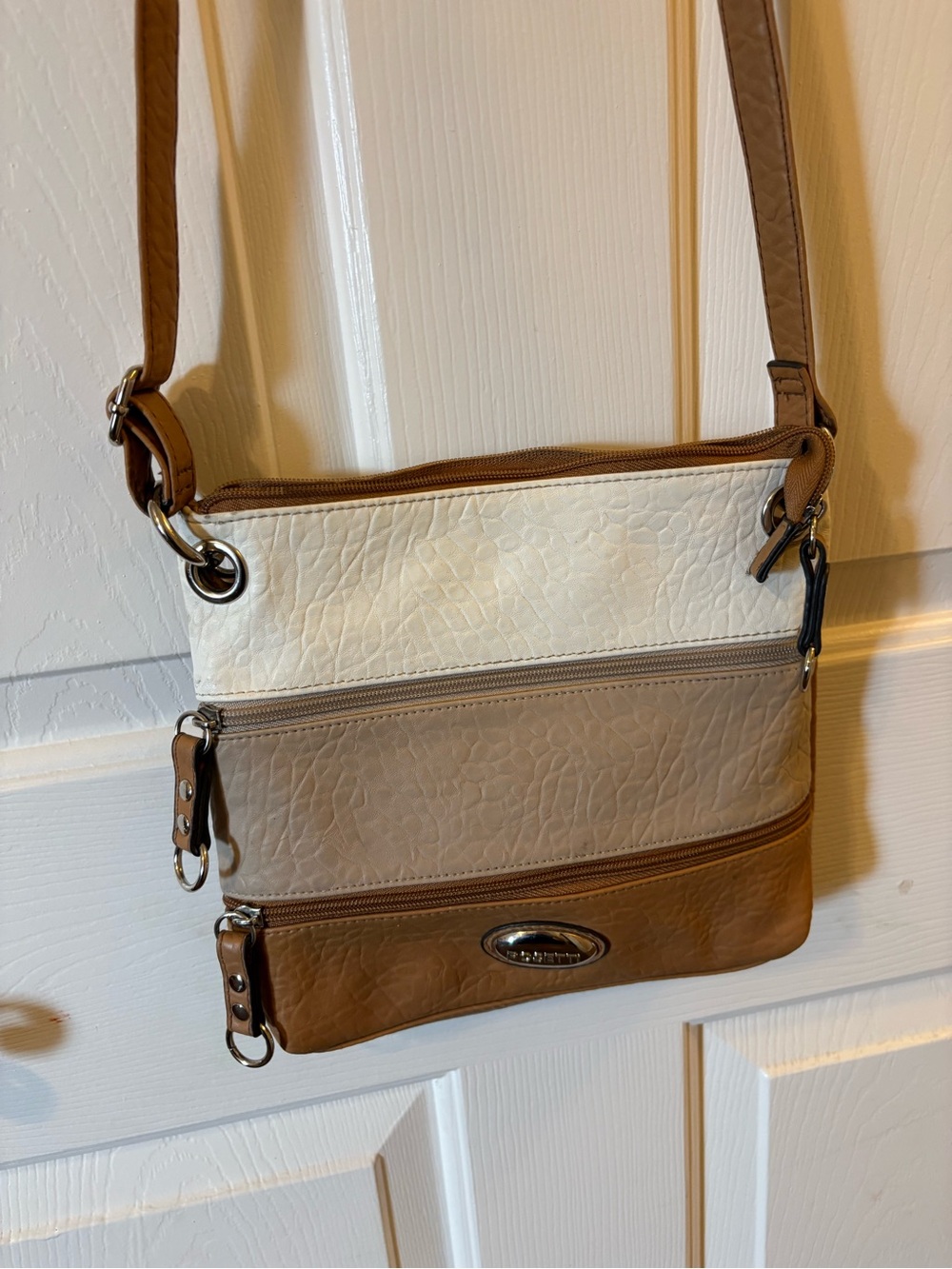 Rosetti Tri-Panel Crossbody Bag in White, Taupe & Tan